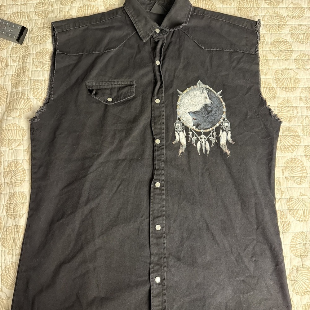Used WOLF SOUL Spiral Sleeveless Vest Shirt  Snap Closure Black L Goth Grunge